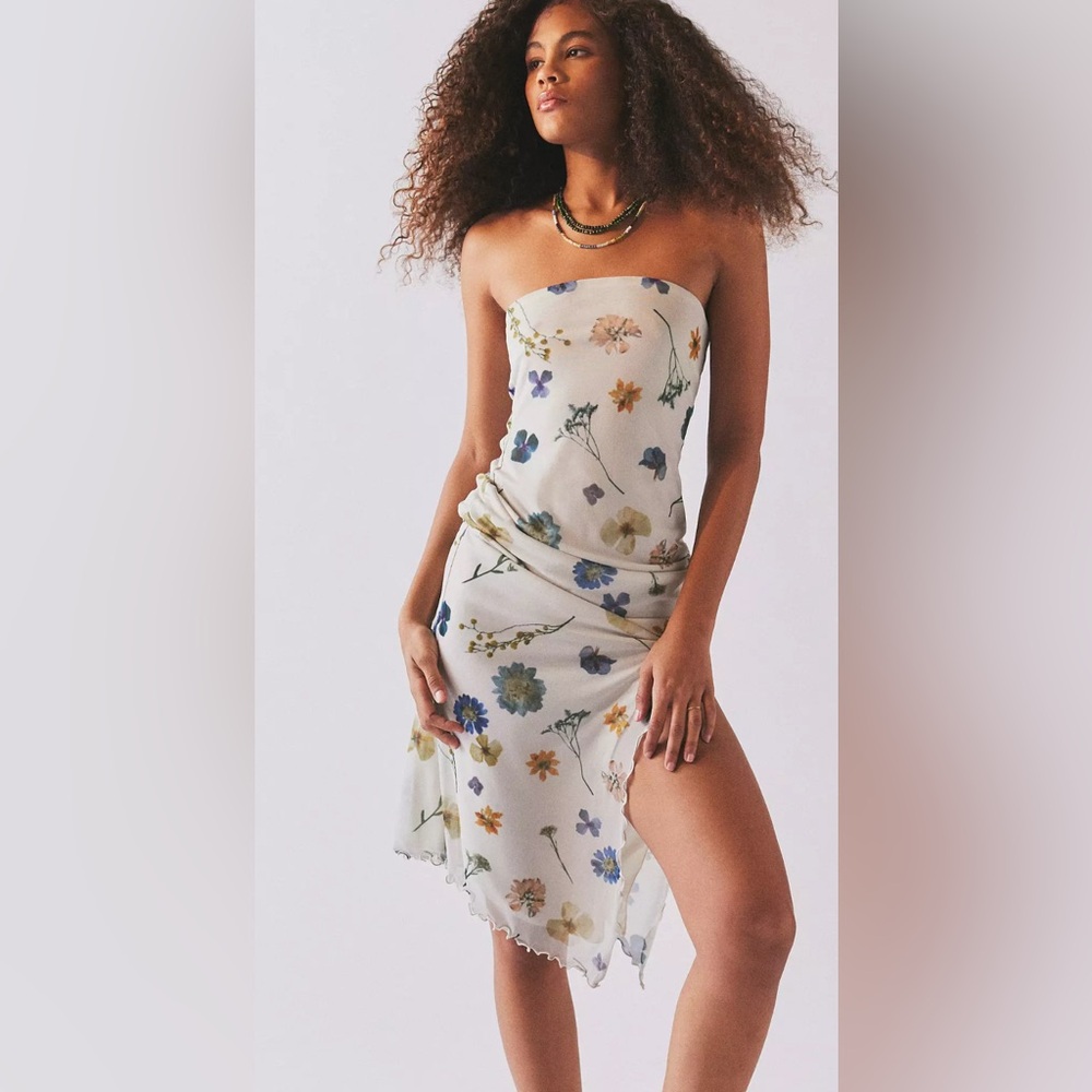Urban Outfitters Strapless Floral Dress - White and Blue